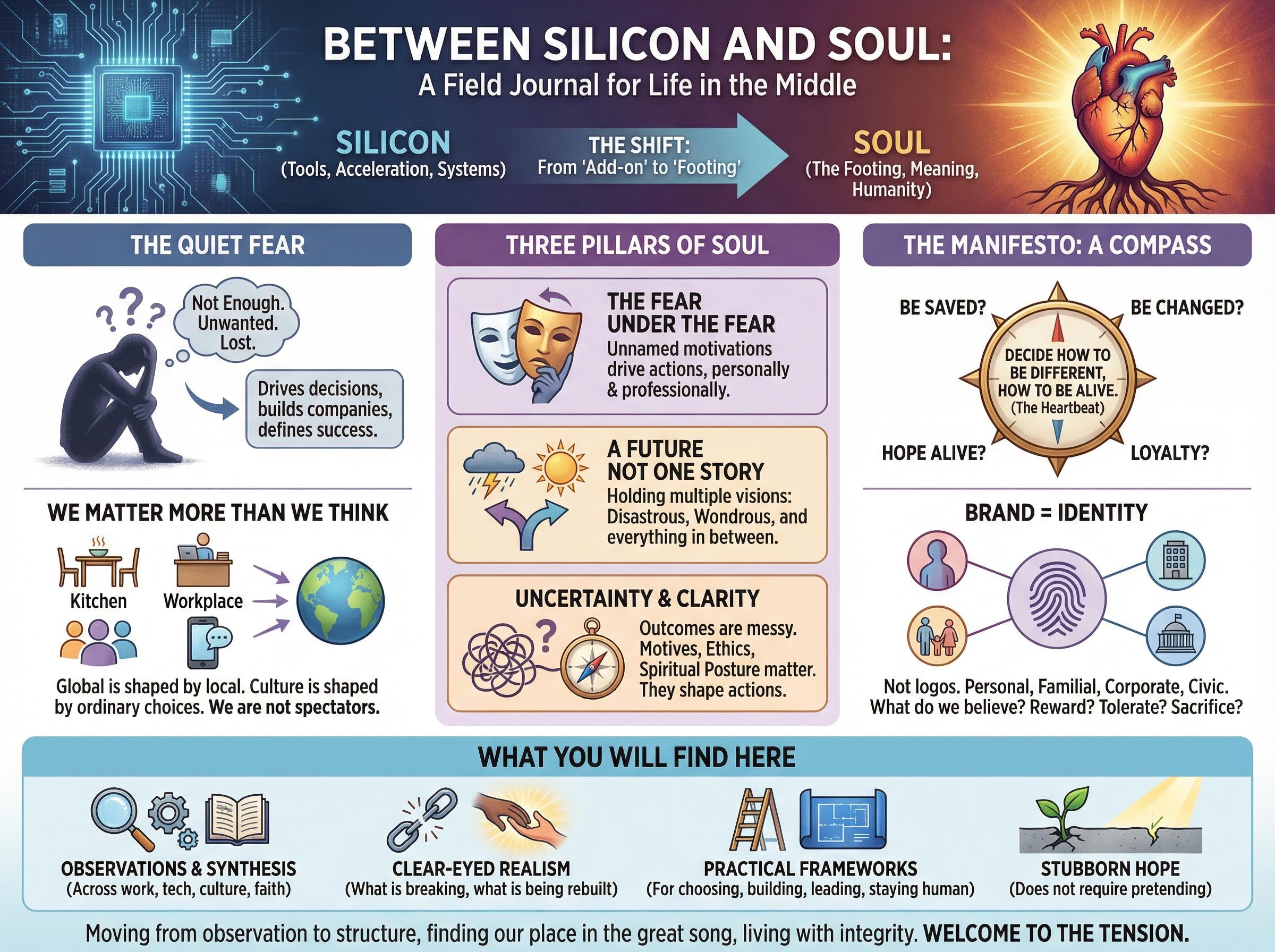 Infographic comparing Silicon's technological focus with the Soul's human essence, highlighting fears, motivations, and personal identity.