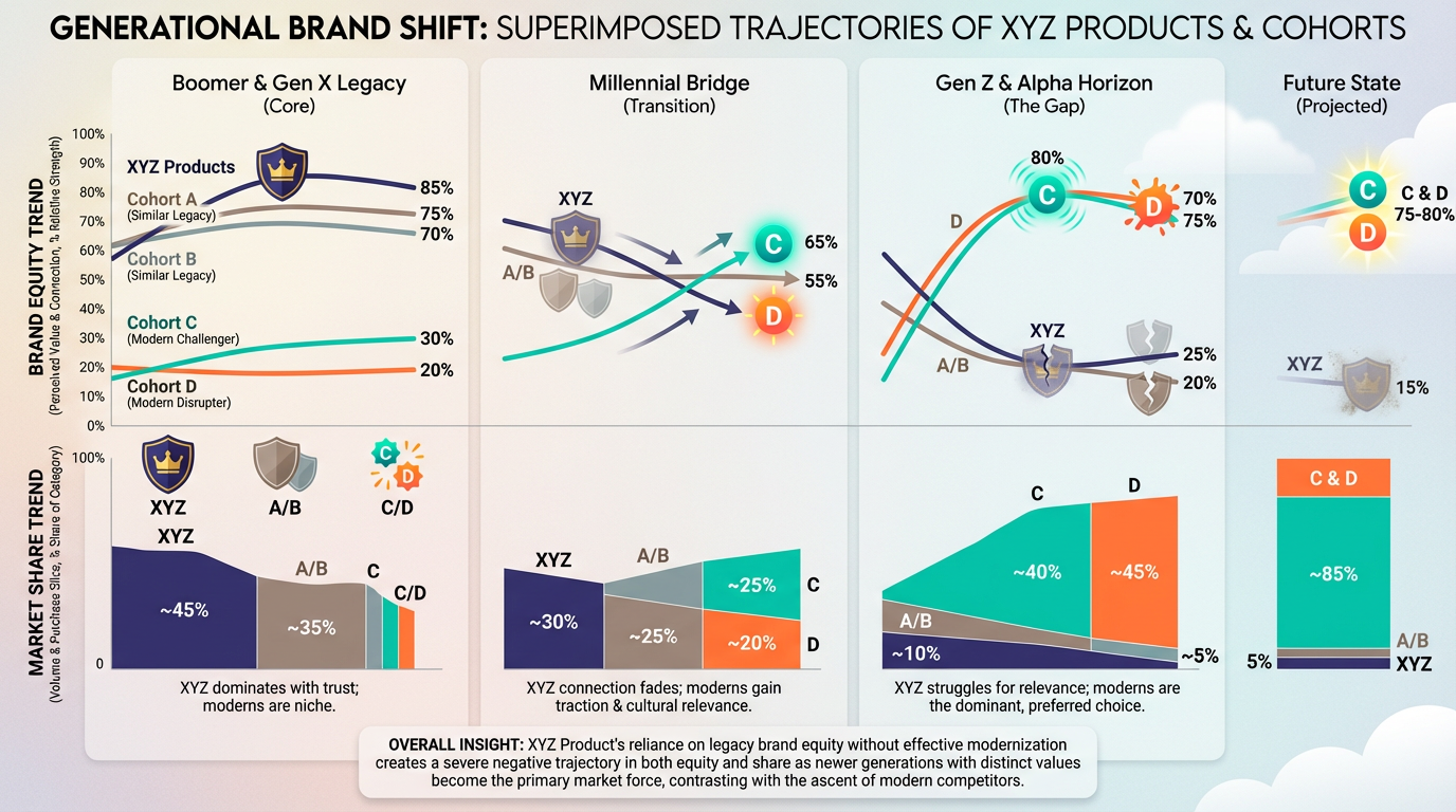 Brand shift analysis showing cohort preferences over time from legacy to modern brands.