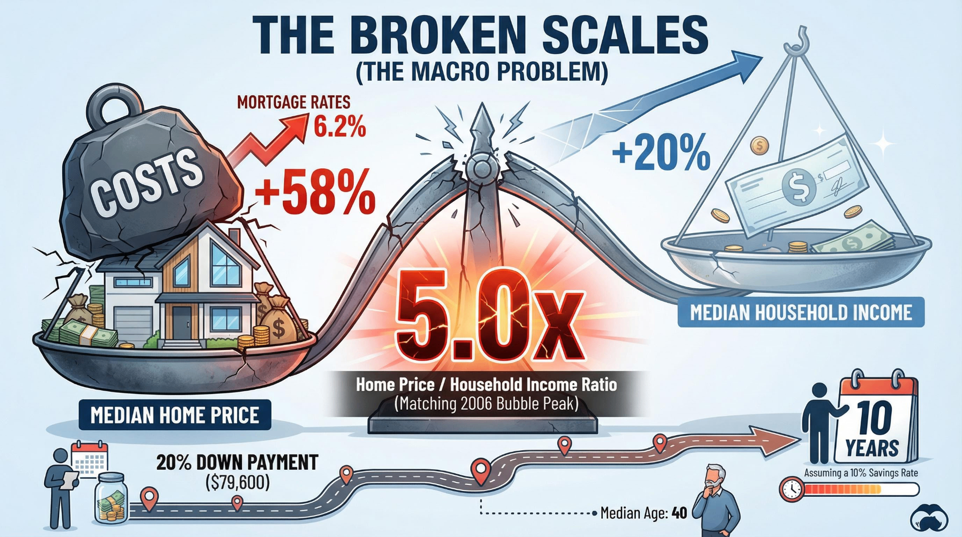 Infographic showing the macro affordability problem: home prices up 58% vs incomes up 20%, creating a 5.0x price-to-income ratio