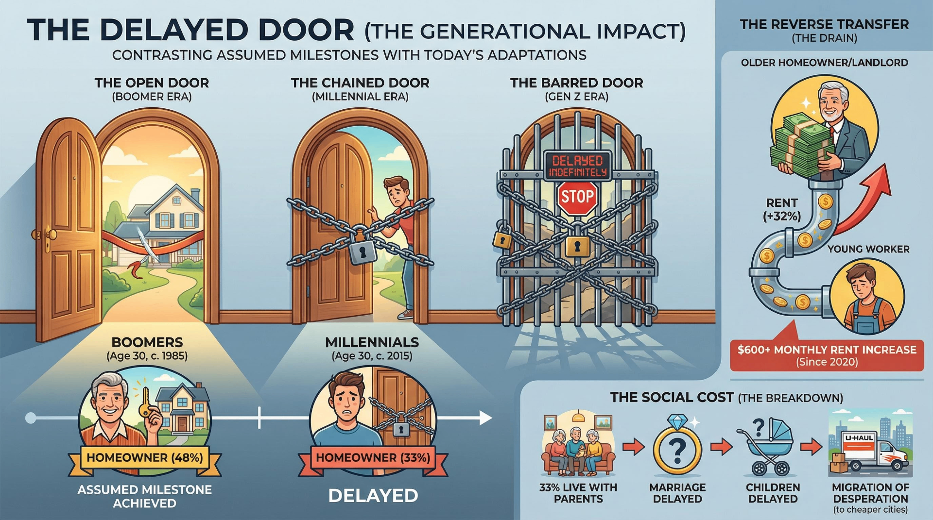 Infographic contrasting generational homeownership milestones from Boomers to Gen Z with the reverse wealth transfer through rising rents