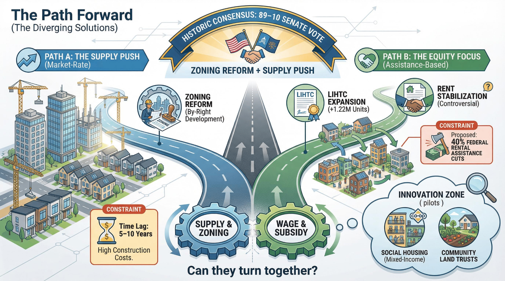 Infographic mapping diverging policy solutions from supply-side zoning reform to equity-focused social housing and community land trusts