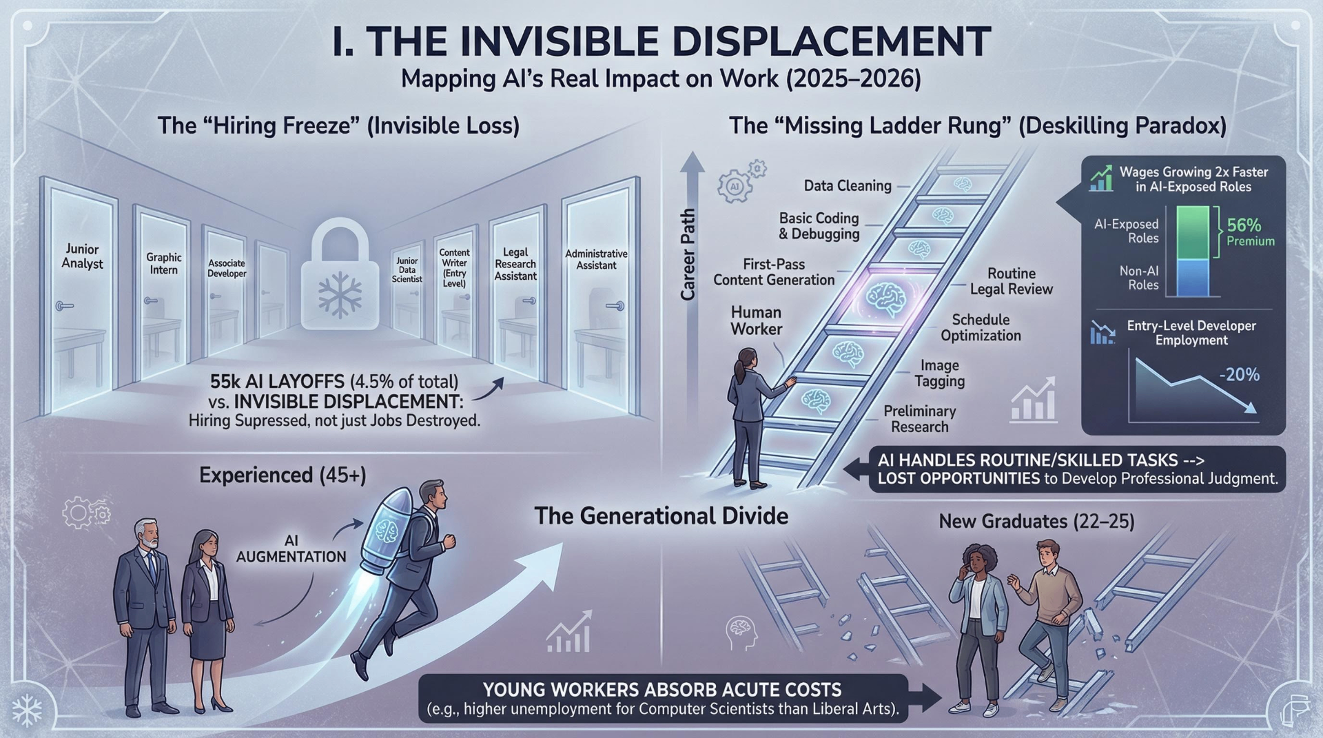 Infographic showing AI invisible displacement patterns across the U.S. labor market, comparing headline layoffs to hiring freezes