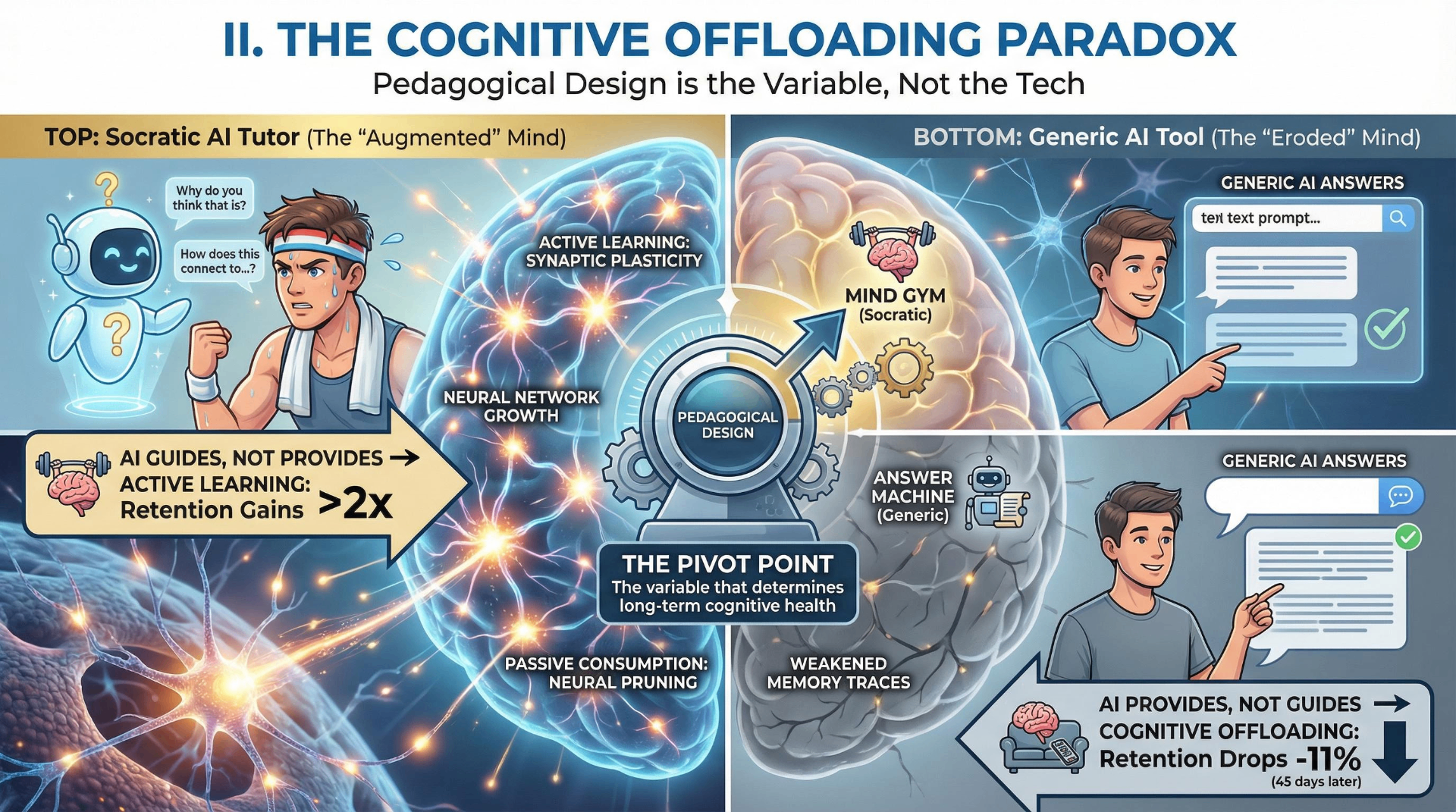 Infographic illustrating the AI cognitive offloading paradox in education, contrasting structured AI tutoring gains with unrestricted AI learning losses