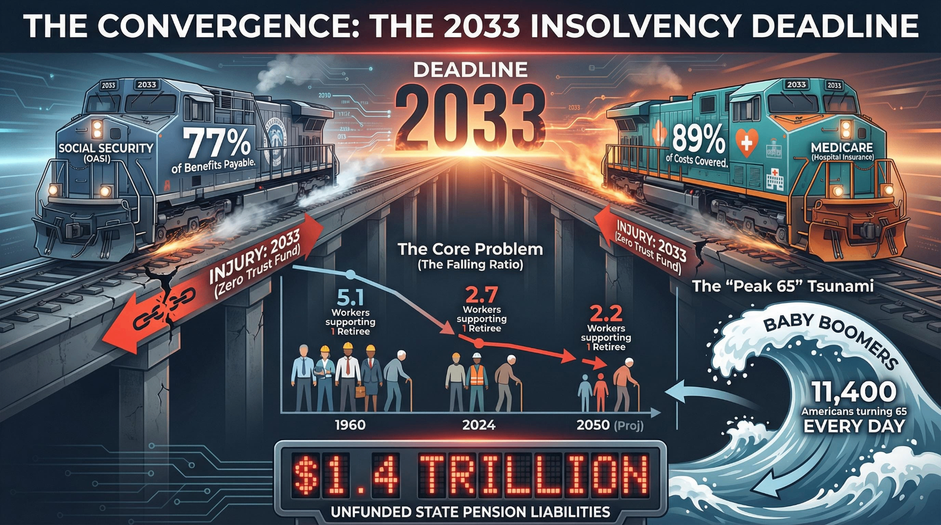 Infographic depicting Social Security and Medicare convergence toward 2033 insolvency